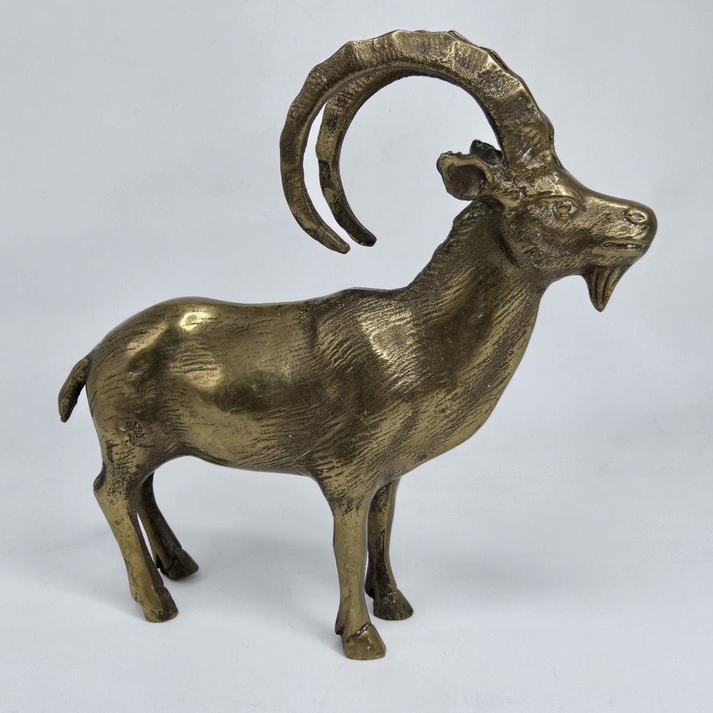 Vintage Solid Brass Ibex Ram Figurine Mountain Goat Statue Mid Century Modern